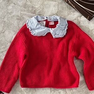 Zara Red Sweater with Blue Striped Collar